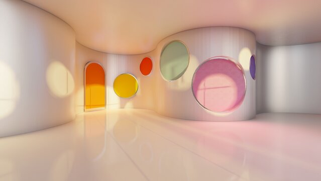 Architecture background interior with round elements design of wall 3d render