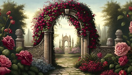 Fototapeta premium Rose garden ancient arch scenes background.