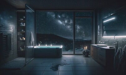 Fototapeta na wymiar a bath room with a tub a sink and a window. generative ai