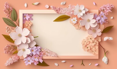  a square frame with pink flowers and leaves on a pink background.  generative ai