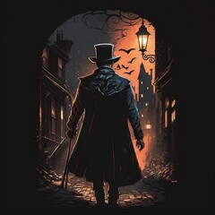 Jack the Ripper walking down the street at night, Generative AI