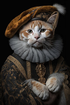 Anthropomorph cat dressed in historical costume. Male aristocratic costume in Tudors style. Pet portrait in clothing. Creative concept. Vertical portrait. Generative ai