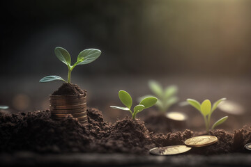 Fototapeta na wymiar Seedling are growing on coins are stacked and the seedlings in Concept of finance And Investment of saving money or financial and business growth for profit Generative AI
