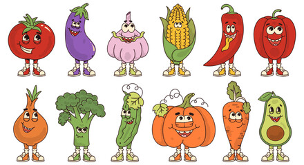 Set retro cartoon vegetables characters. Modern illustration with cute comics characters. Hand drawn doodles of comic characters. Set in modern cartoon style. 70s retro vibes.