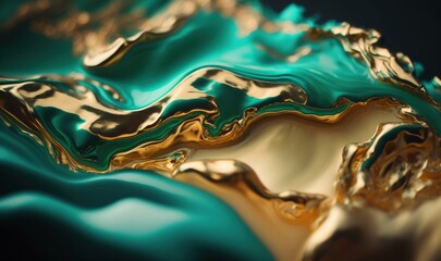 a close up of a gold and green abstract design on a black background.  generative ai