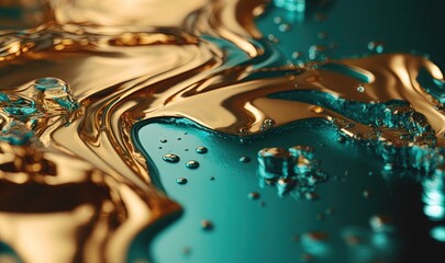  a close up view of a blue and gold liquid pattern.  generative ai