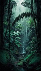 Vertical illustration of small river in tropical rain forest. Concept of nature. Generative AI.