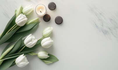 a white tulip and some rocks on a white table.  generative ai