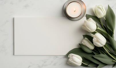  a candle and some flowers on a white table with a card.  generative ai