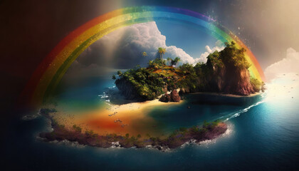 Obraz na płótnie Canvas colorful rainbow over a tropical small island in the middle of the sea