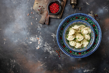 Dumplings in the soup chuchvara banner, menu, recipe place for text, top view. Uzbek cuisine