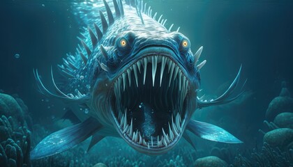 Enormous Sea Creature with Open Mouth and Jagged Teeth, AI Generative