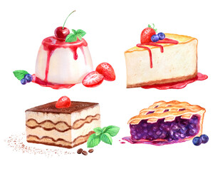Hand painted watercolor illustration set of Desserts on white background