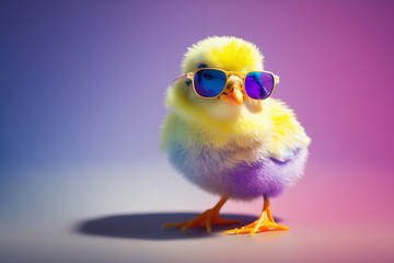 Cute spring baby chick wearing cool sunglasses.