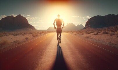 Fototapeta na wymiar a man is running down a road in the desert at sunset. generative ai