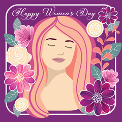Happy woman's day banner. The woman with flower and leaves on violet background.  8 march greeting card vector illustration.