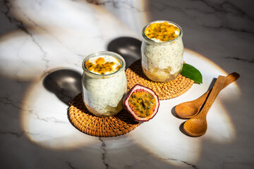 Passion fruit and chia yogurt Dessert, Healthy, clean eating. Vegan or gluten free diet. banner, menu, recipe place for text, top view
