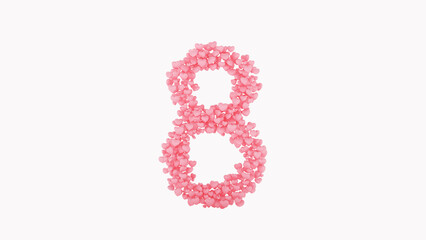 Number eight, 8 made from pink hearts, World Women's Day card. 3d render, happy women's day