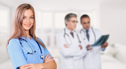 Fototapeta premium Portrait of young doctor or nurse at hospital