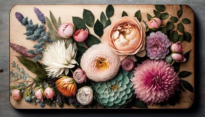 Obraz na płótnie Canvas a wooden tray with a bunch of flowers on top of it. generative ai