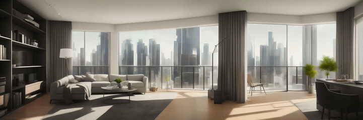 Modern Real Estate villa interior with a sofa and view of the skyscrapers