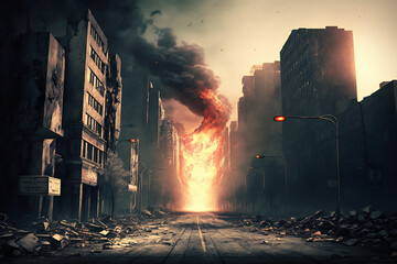 Burned out city street with no one on it, flames on the ground, and distant explosions of smoke. Apocalyptic perspective of the city