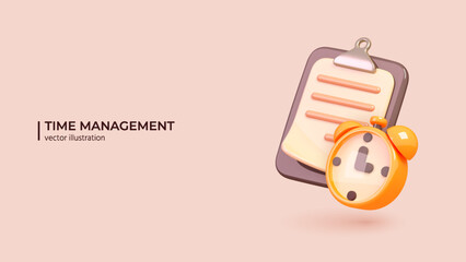 3d Time Management Concept. Realistic 3d design of Work organizer with Yellow Alarmclock. Project manager tools in cartoon minimal style. Vector illustration - 574022998