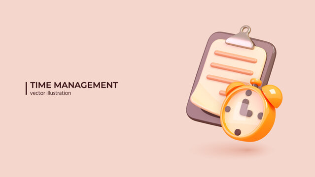 3d Time Management Concept. Realistic 3d design of Work organizer with Yellow Alarmclock. Project manager tools in cartoon minimal style. Vector illustration