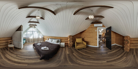 360 hdri panorama in interior of wooden eco bedroom in rustic style homestead on mansard floor with...