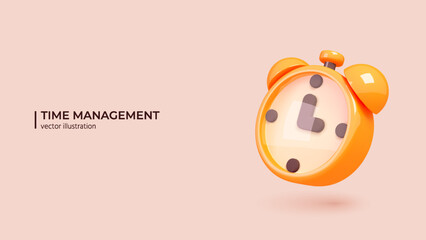 3d Time Management Concept. Realistic 3d design of Yellow Alarmclock. Project manager tools in cartoon minimal style. Vector illustration