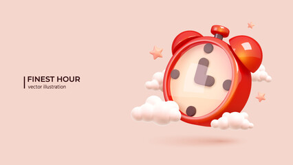 3D Alarmclock in Clouds and Stars around. Realistic 3d design of Time of Big Break Simbol in cartoon minimal style. Vector illustration