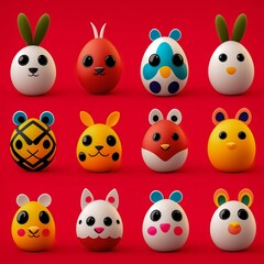 Egg-citing Animal Characters on Red: Perfect for Kids' Books, Greeting Cards, and More - AI Generated