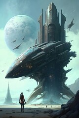 Image of Sci Fi Design, oil painting. Futuristic city on another planet. Generative AI. printed on Printed Glass Splashbacks