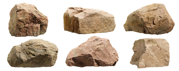 Collection of big rock stones isolated on transparent background. Realistic 3D render. - obrazy, fototapety, plakaty