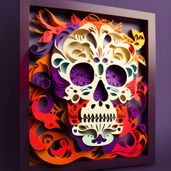 Purple Frame Skull Floral Papercut. Ai Generated Illustration. Diorama Origami Background. Day of the Dead Holiday.