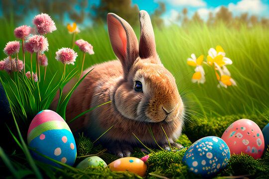 Cute easter bunny in grass and daisy flowers nest with colorful easter eggs.