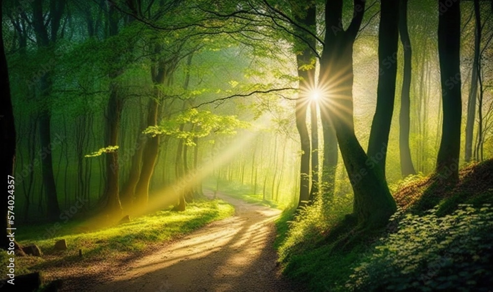 Wall mural the sun shines through the trees in the forest on a path. generative ai