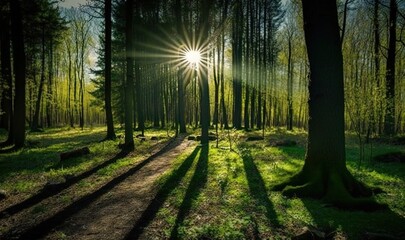  the sun shines through the trees in a forest filled with green grass.  generative ai