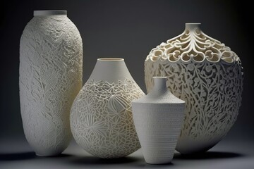 Beautiful white vases with intricate organic patterns, ornaments, and textures on a dark background. AI-generated. 