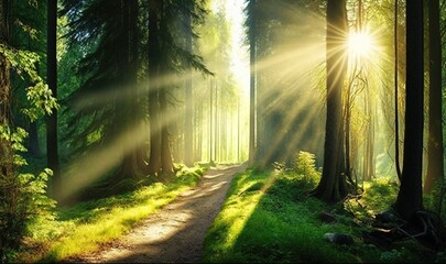  the sun shines through the trees in the forest on a sunny day.  generative ai