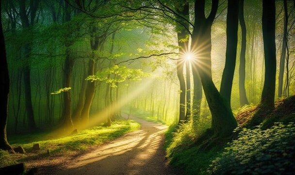  the sun shines through the trees in the forest on a path.  generative ai