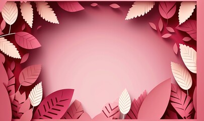  a pink background with leaves and a pink rectangle frame.  generative ai