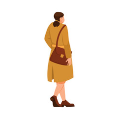 Woman Teacher Character in Coat with Bag on Shoulder Walking Back View Vector Illustration