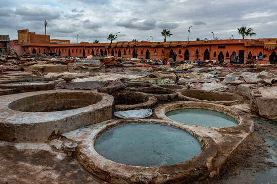 Tanneries of Marrakech, Morocco, Africa Old tanks of the Marrakech tanneries with color paint for leather, Morocco, Africa