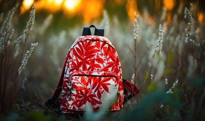  a red and white backpack sitting in a field of tall grass.  generative ai