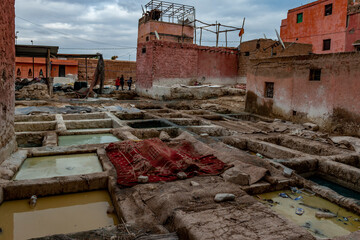 Tanneries of Marrakech, Morocco, Africa Old tanks of the Marrakech tanneries with color paint for...