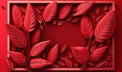  a red paper cut of leaves on a red background with a square frame.  generative ai