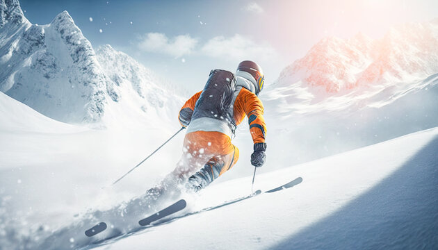man on the ski in snowy mountains