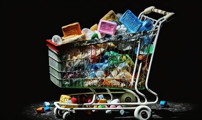  a shopping cart filled with lots of trash and plastic bottles.  generative ai