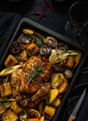 Appetizing roasted chicken with vegetables on a platter.  Dark set table with wine and cutlery in the background. Top view.